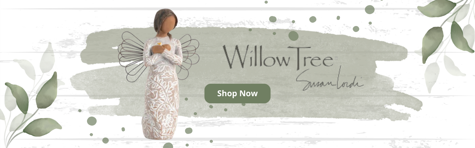 A Willow Tree angel figure next to the Willow Tree logo on a white distressed wood background with green watercolor willow leaves in the top right and bottom left corners.
