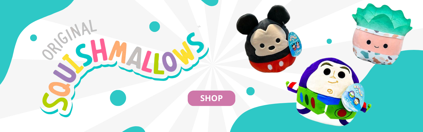 Mickey Mouse, Buzz Lightyear, and succulent Squishmallows next to the Squishmallow logo with a white and turquoise background and a pink "Shop" button.