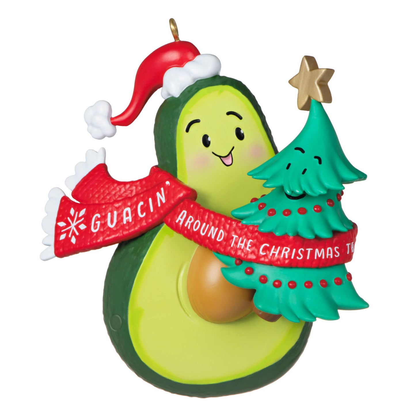 Christmas ornament depicting an avocado wearing a Santa hat with a smiling face hugging a smiling Christmas tree. They are wrapped in a red scarf with white text that says "Guacin' Around The Christmas Tree".