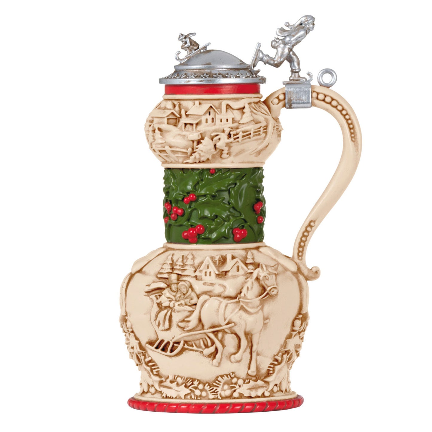 Christmas ornament depicting an ivory colored beer stein with holiday carvings, red trim, holly embellishment wrapped around the center, and an ornamental silver flip top.