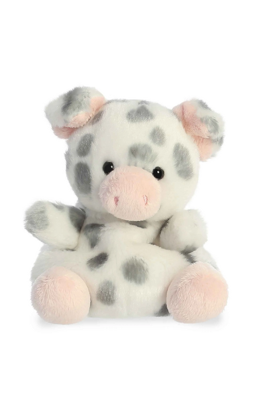 White pig plush with grey spots.