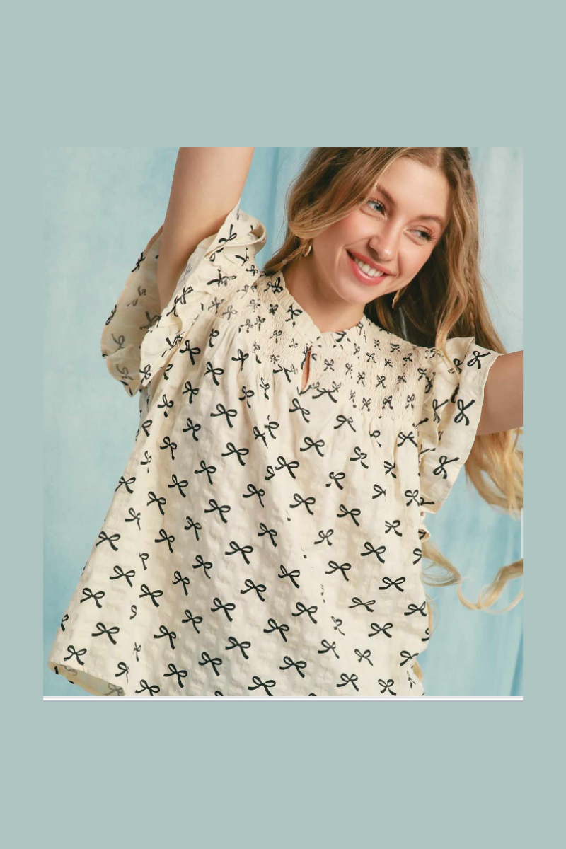 Gray Smocked Ruffle Sleeve Top with Bows