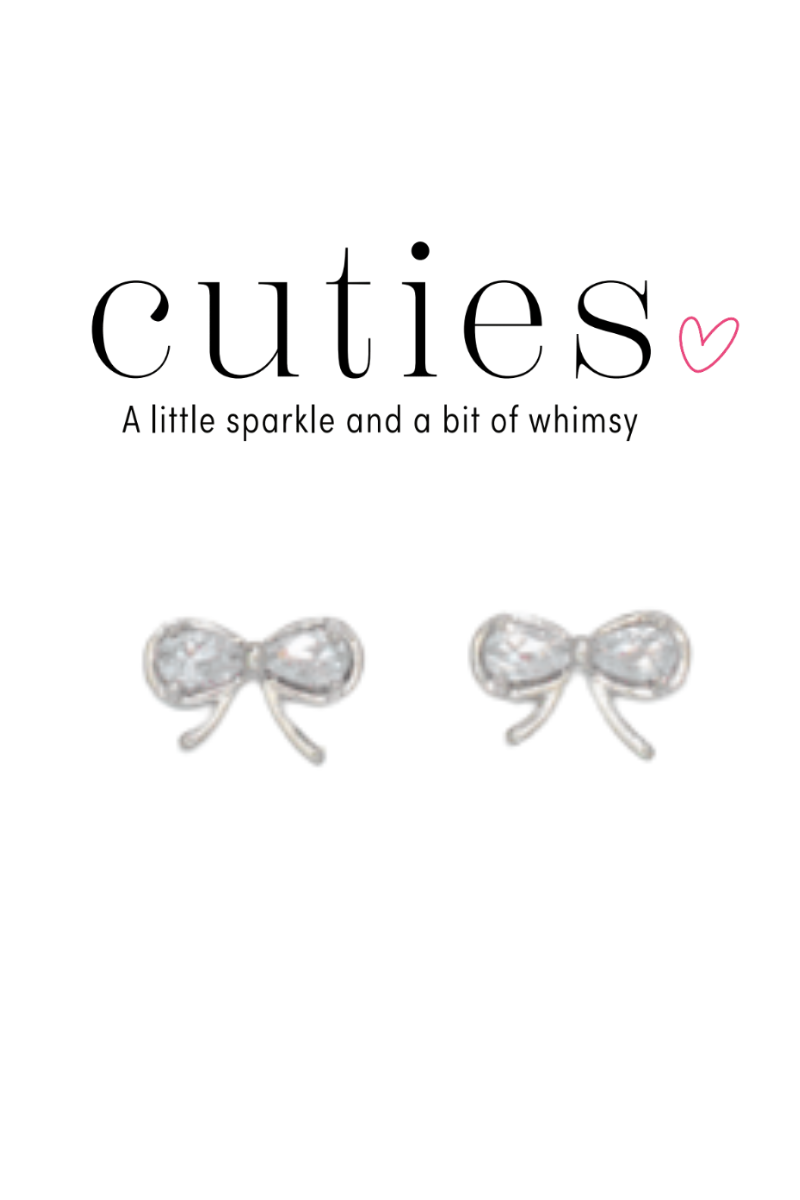Light Gray Cuties Silver Small Bow with Crystal Stone Stud Earrings