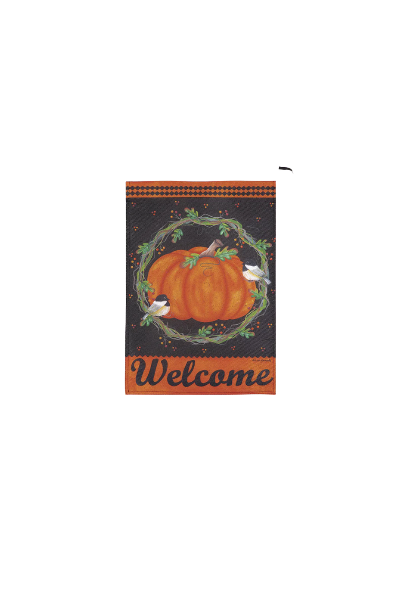 Dark Slate Gray Chickadee and Pumpkin Burlap Garden Flag