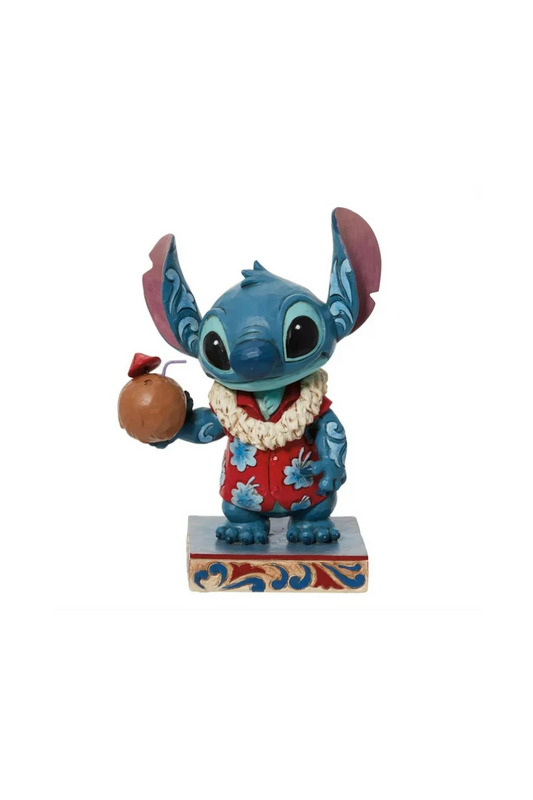 Ornament depicting the Disney character, Stitch, wearing a Hawaiian shirt and a Lei, holding a coconut drink with a straw and umbrella garnish. 