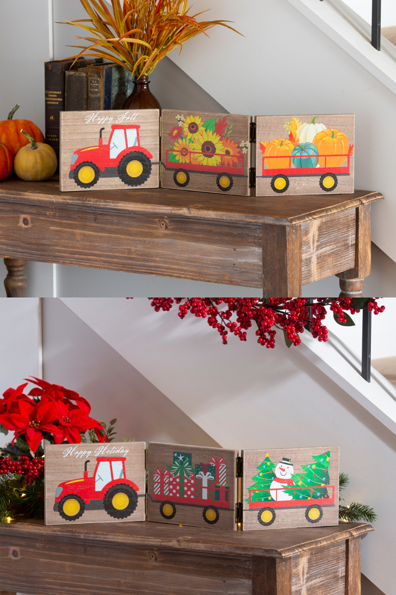 Rosy Brown Wood Double Sided Tri-Fold Wood Table Décor, Harvest/Holiday