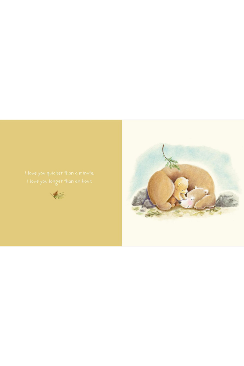 Inside of story book showing page with big bear snuggling baby bear.