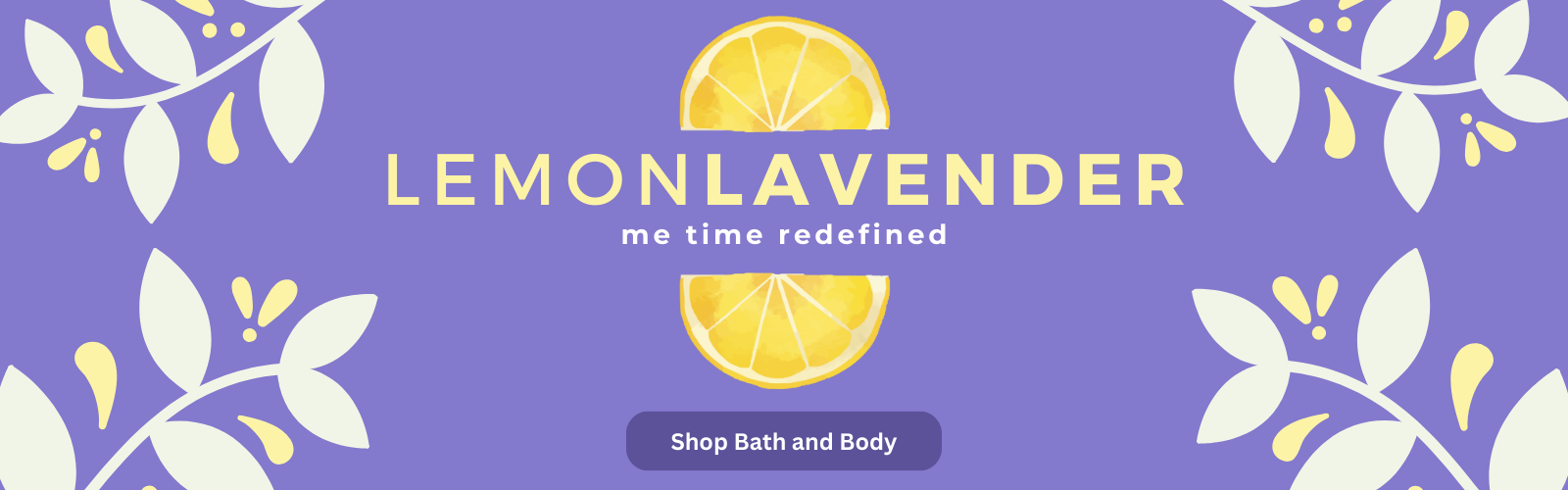 Floral graphics and lemon slices surrounding the Lemon Lavender text on a purple background. 