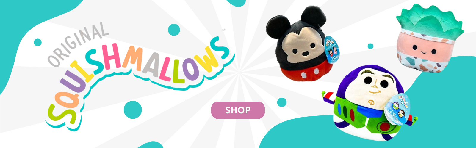 Mickey Mouse, Buzz Lightyear, and succulent Squishmallows next to the Squishmallow logo with a white and turquoise background and a pink "Shop" button. 