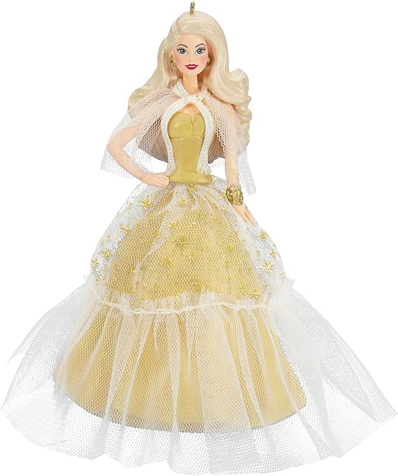 Blonde Barbie Christmas ornament wearing gold gown with white tulle shawl and white tulle skirt with gold stars.