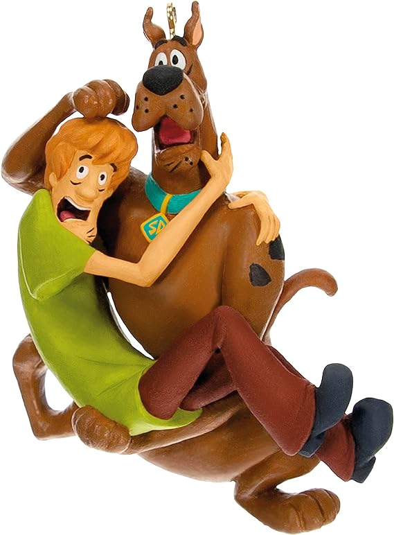 Christmas ornament depicting Scooby Doo holding Shaggy, both looking frightened. 