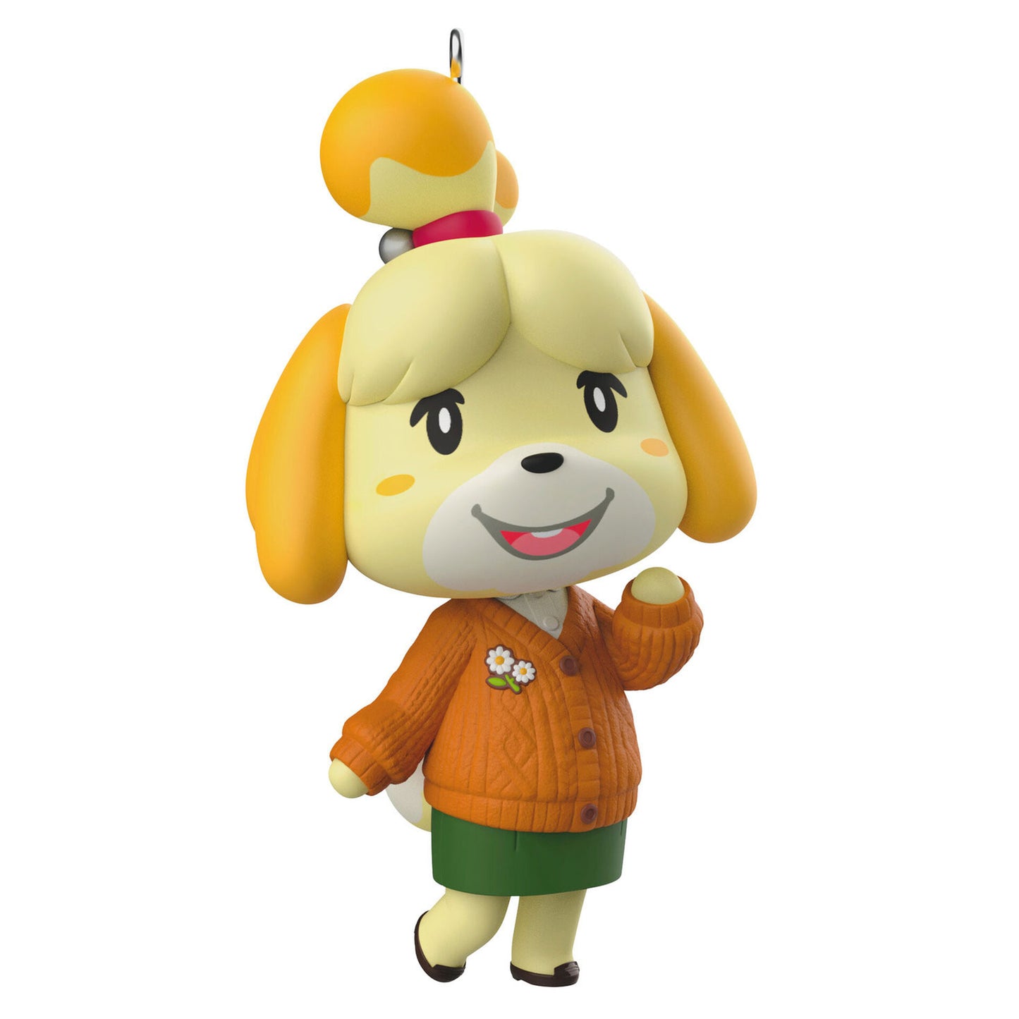 Christmas ornament depicting Animal Crossing character Isabelle the yellow dog wearing her fall outfit.