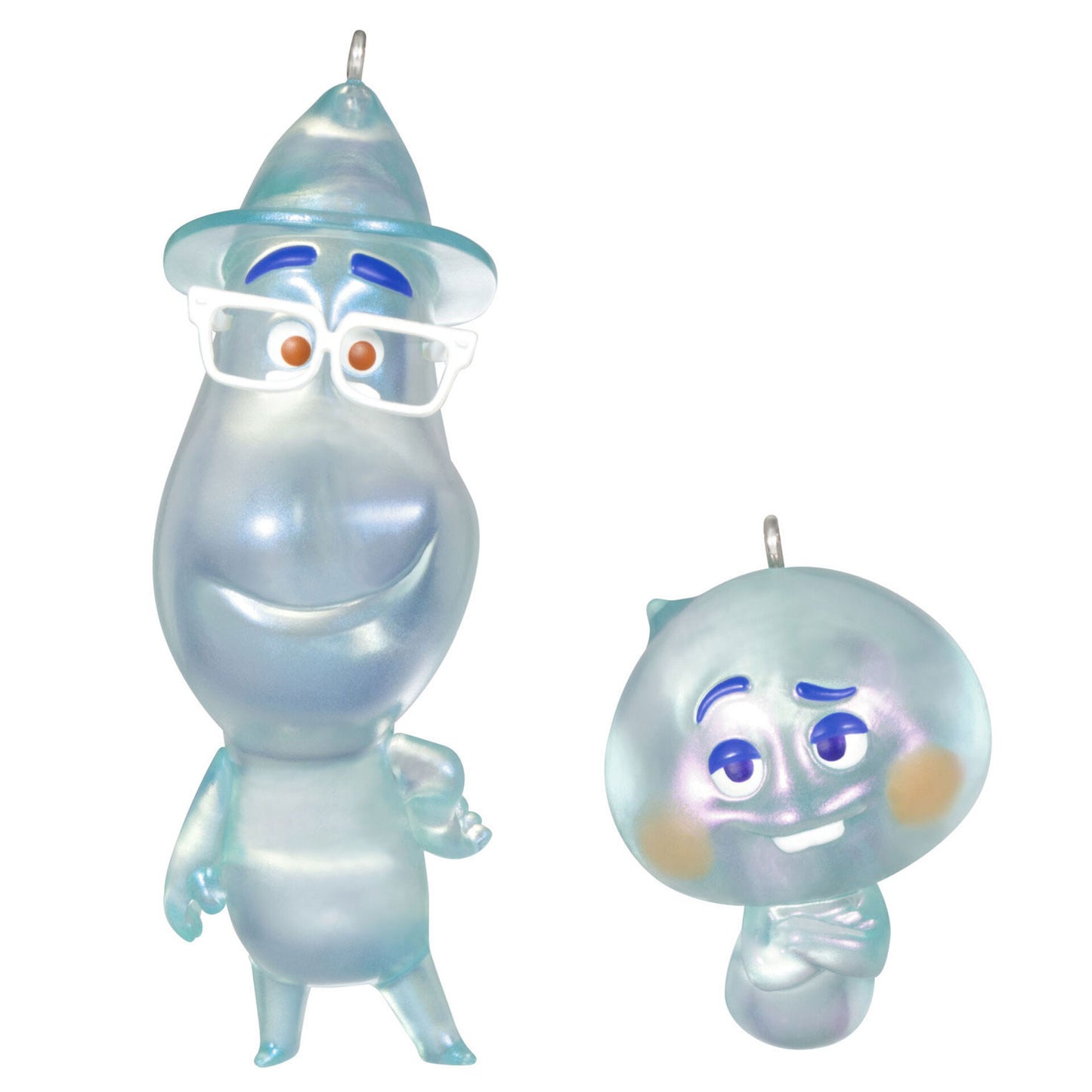 Two Christmas ornaments of the characters Joe Gardner and 22 from the Disney movie "Soul".