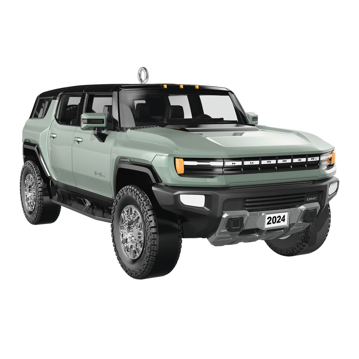 Army green GMC Hummer EV Christmas ornament.