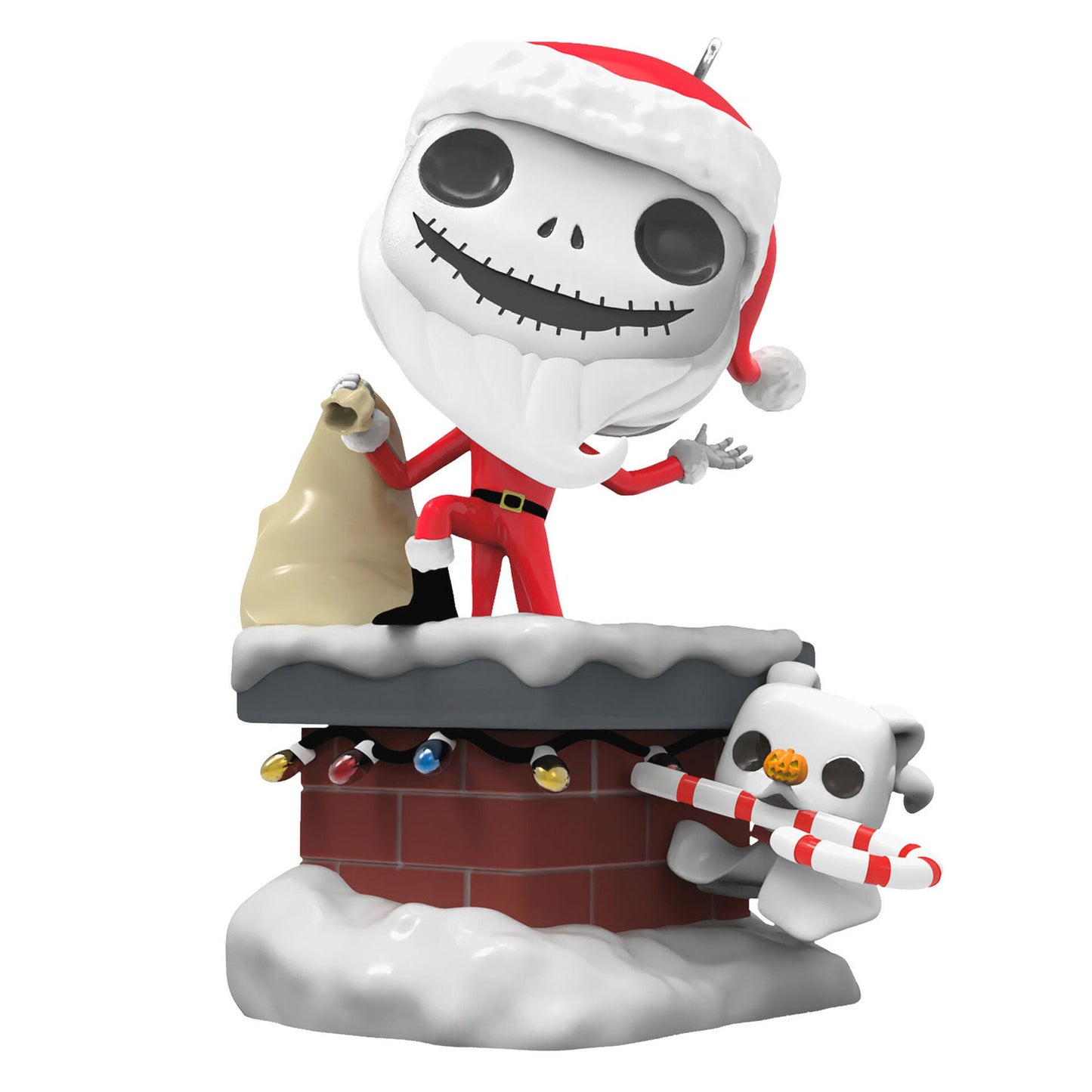 A Funko Pop Christmas ornament depicting Jack Skellington dressed as Santa and Zero holding a candy cane perched on a snowy chimney that is decorated with lights.