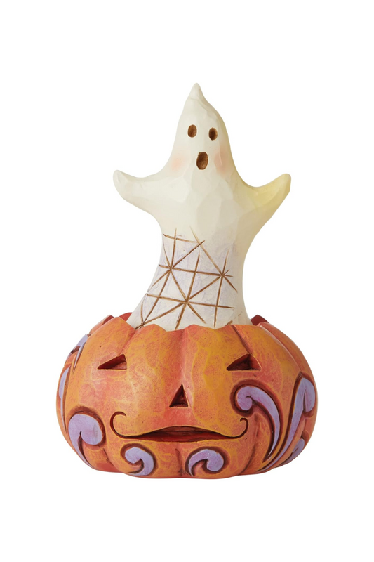 A jack-o-lantern figurine with purple swirls carved on it and a white ghost popping out of the top of the pumpkin.