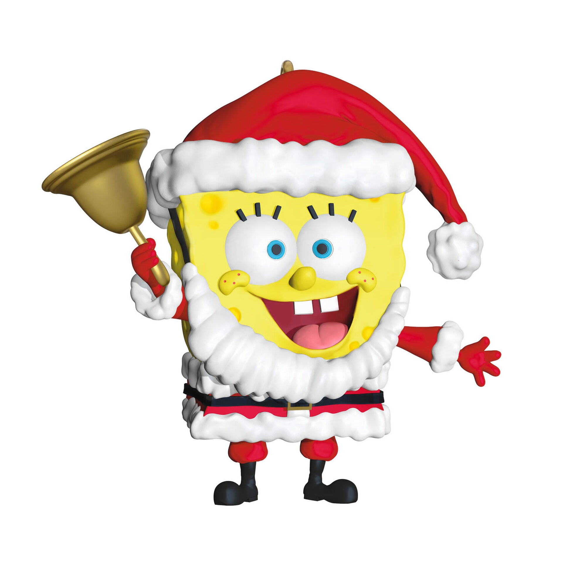 Christmas ornament depicting SpongeBob dressed as Santa holding a bell.
