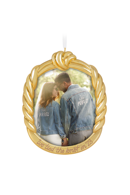 Dark Khaki 2023 Ornament - We Tied the Knot! Metal Photo Frame Ornament