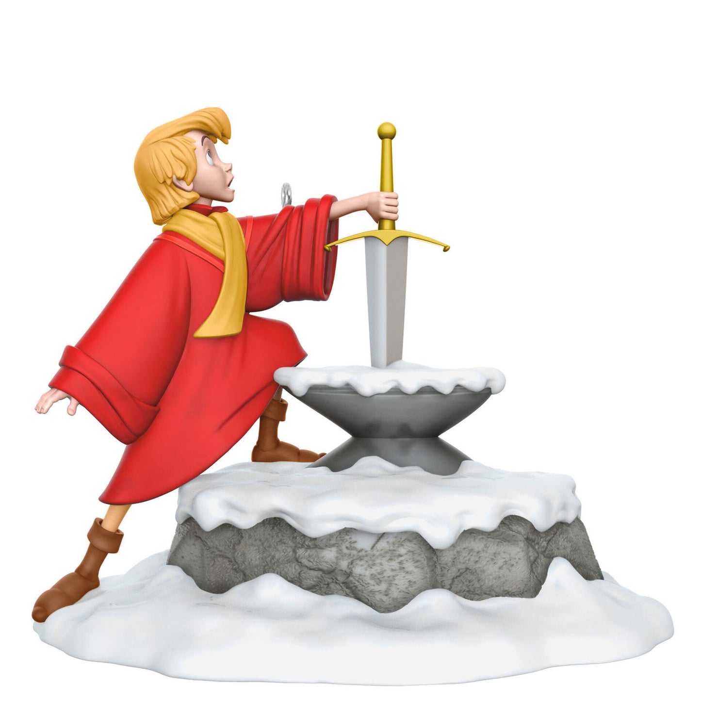 A Christmas ornament depicting a scene from the 1993 movie "The Sword and the Stone" where Arthur is pulling the sword out of the stone.