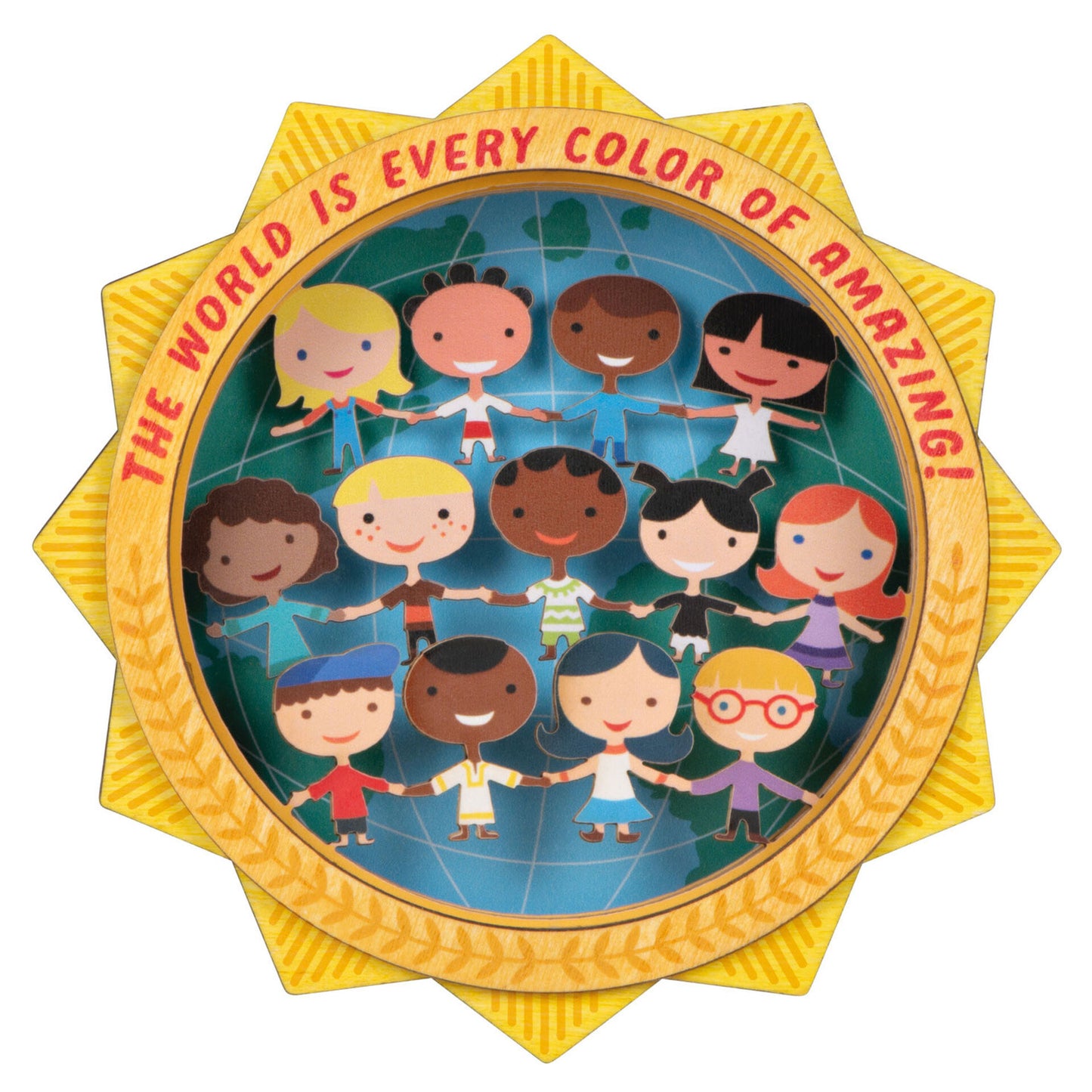 Globe with gold frame UNICEF Christmas ornament depicting 13 children holding hands and smiling with red text around the top reading "The World is Every Color of Amazing!"