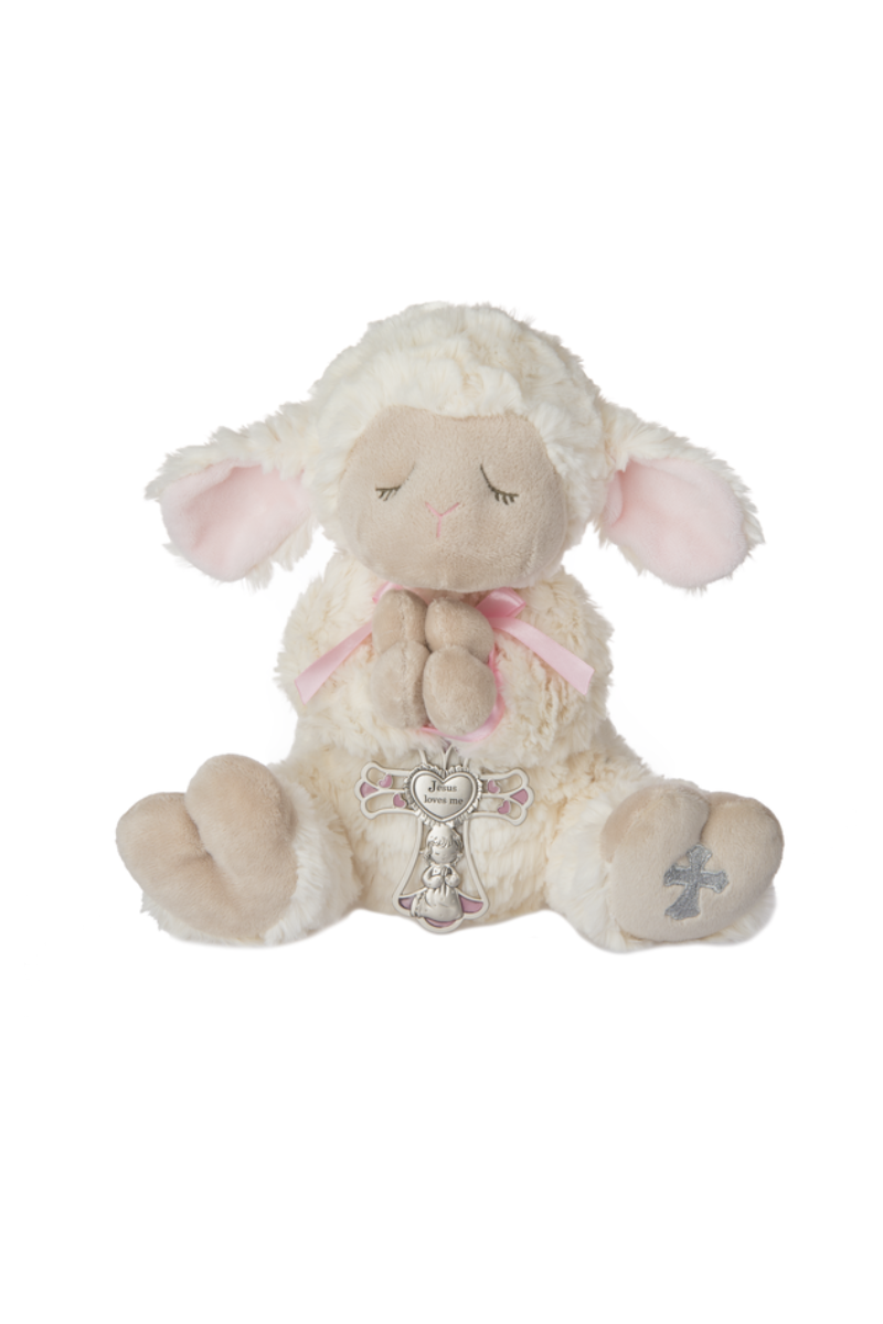 Praying white lamb plush holding silver and pink cross. 
