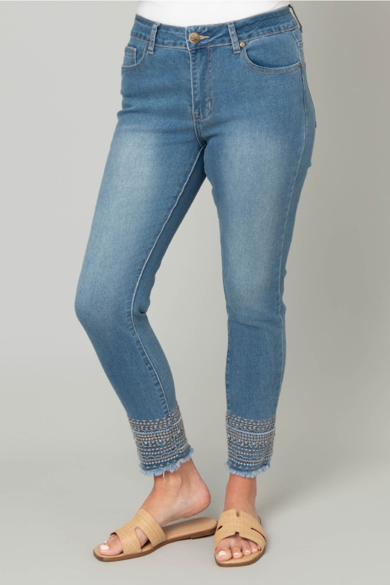 Gray Fray Ankle Embroidered Jeans