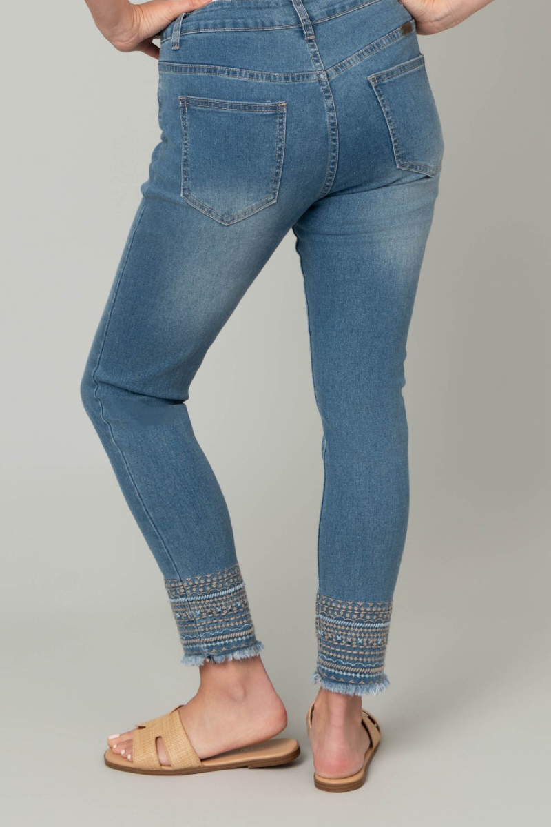 Gray Fray Ankle Embroidered Jeans