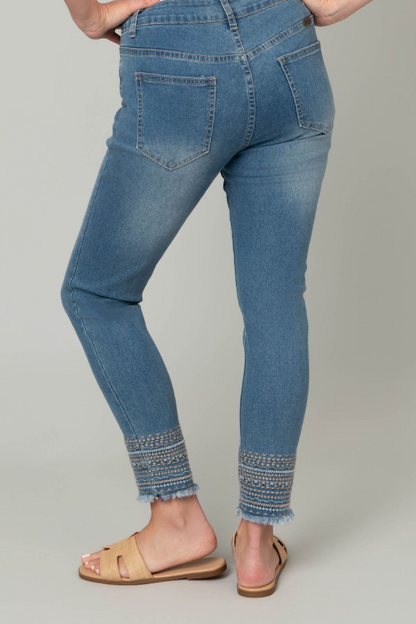 Gray Fray Ankle Embroidered Jeans