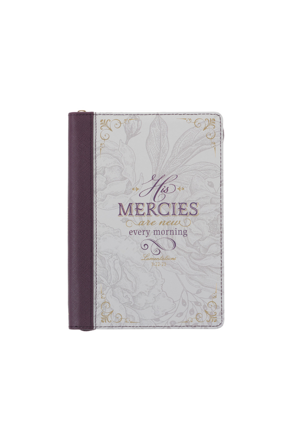 JOURNAL - His Mercies are New Amethyst Purple Faux Leather Journal with Zipper Closure - Lamentations 3:22-23