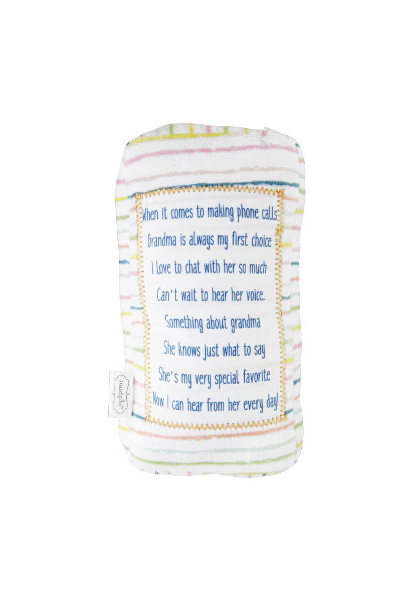 Striped plush phone with message in blue text on the back.