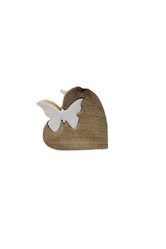 A wooden heart figure with a white butterfly inlaid in the wood.