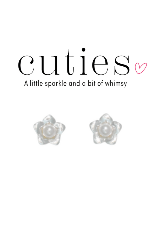 Light Gray Cuties Silver Flower with Pearl Stud Earrings