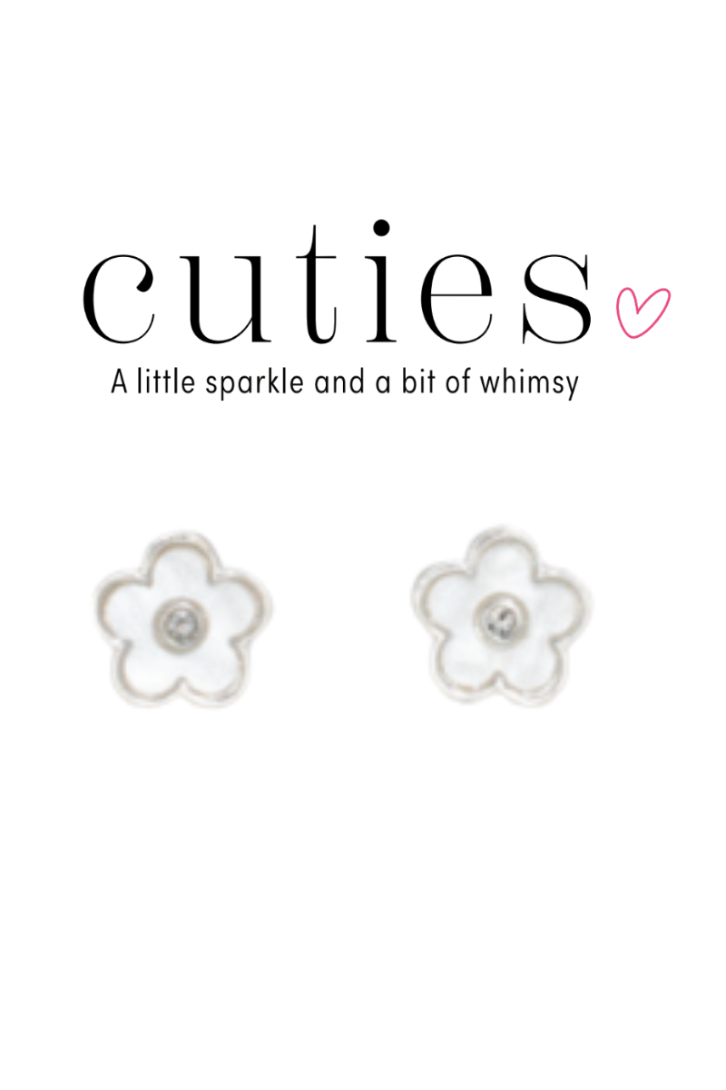 Light Gray Cuties Silver Pearlized Flower Stud Earrings