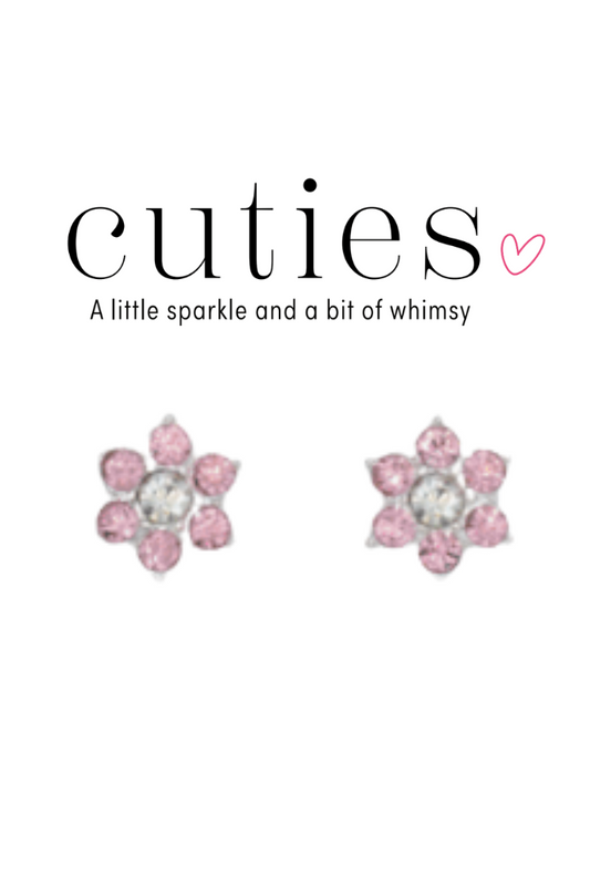 Gray Cuties Silver Pink Crystal Flower Stud Earrings