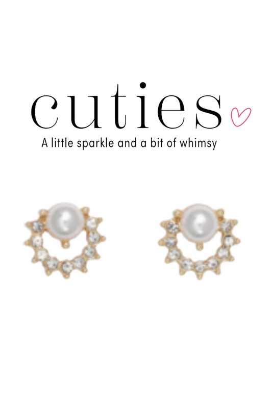 Light Gray Cuties Gold Crystal and Pearl Stud Earrings