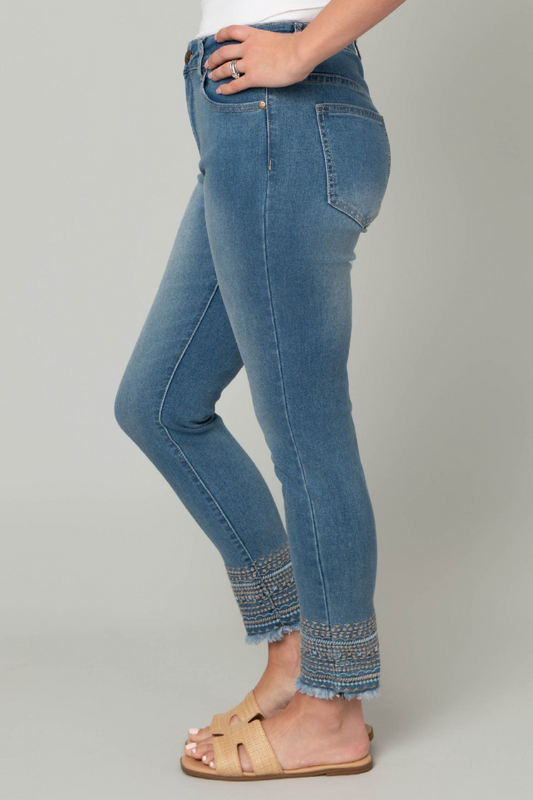 Gray Fray Ankle Embroidered Jeans