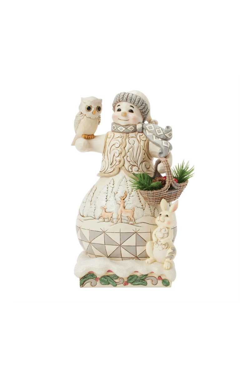 Light Gray Jim Shore - Winter's Gentle Gatherings - Woodland Snowman With Basket Figurine