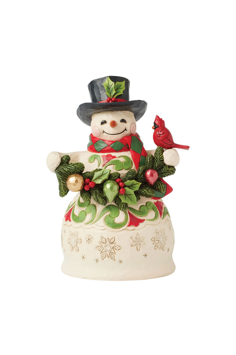 Light Gray Jim Shore Heartwood Creek Snowman with Garland and Cardinal Figurine, 8.75"