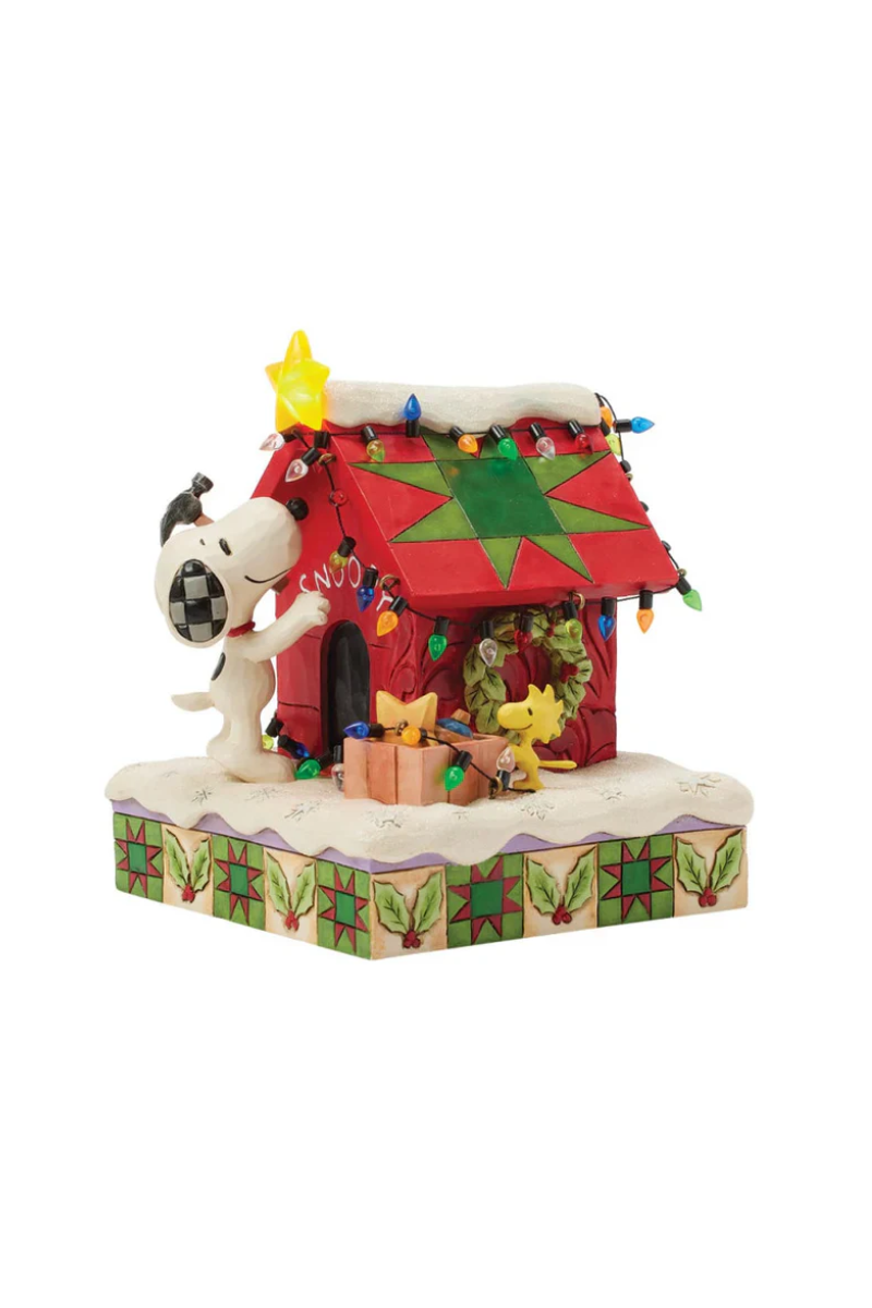 Gray 2025 Jim Shore Hallmark Exclusive Peanuts Snoopy 75th Year Decorating Doghouse with LED Lit Star Prize-Worthy Christmas 6.25"