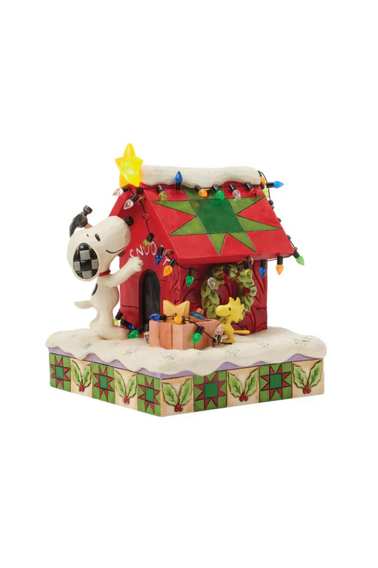 Gray 2025 Jim Shore Hallmark Exclusive Peanuts Snoopy 75th Year Decorating Doghouse with LED Lit Star Prize-Worthy Christmas 6.25"