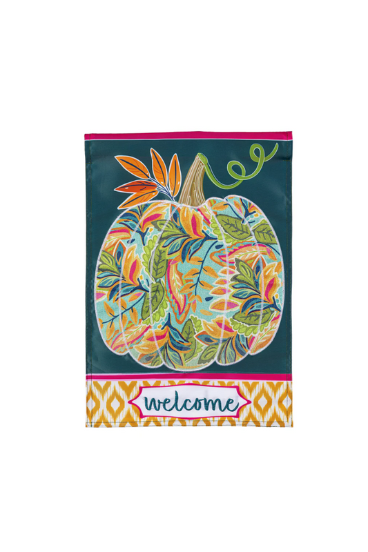 Dark Slate Gray Patterned Jacobean Floral Pumpkin Applique Garden Flag