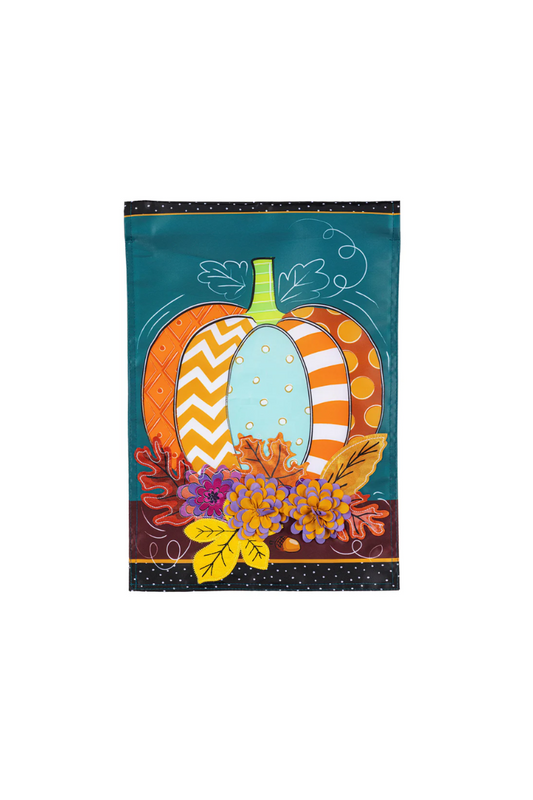 Dark Slate Gray Pattern Pumpkin on Teal Applique Garden Flag