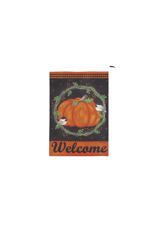 Dark Slate Gray Chickadee and Pumpkin Burlap Garden Flag