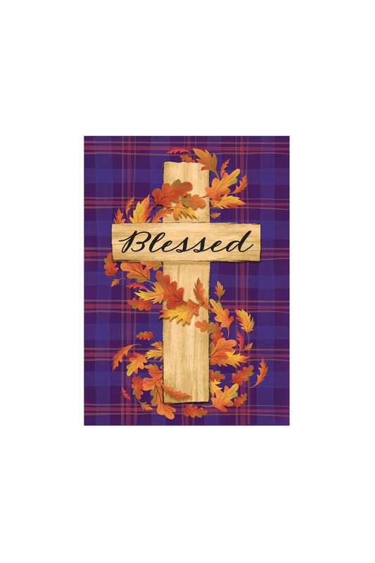 Dark Slate Blue Blessed Cross Burlap Garden Flag