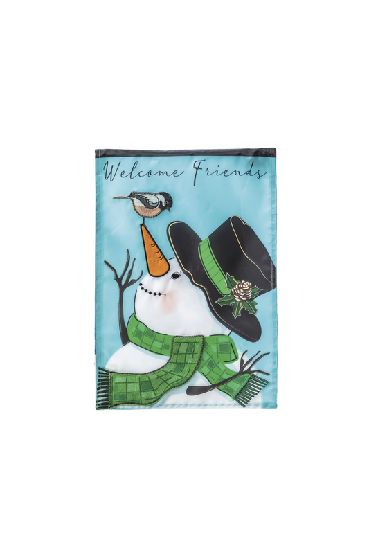 Sky Blue Snowman and Chickadee Applique Garden Flag