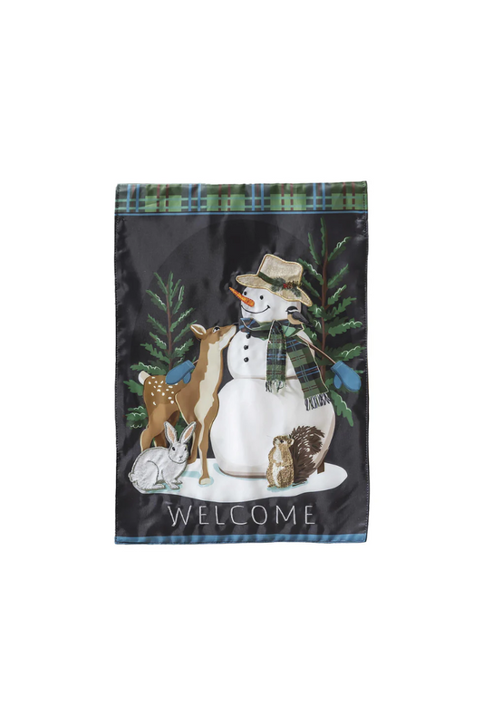 Dark Slate Gray Woodland Snowman and Friends Applique Garden Flag