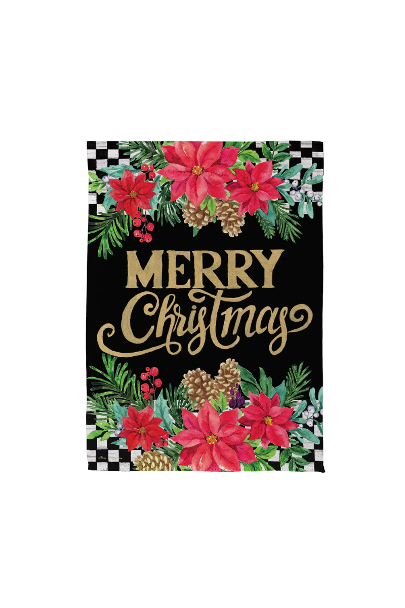 Black Floral Checkered Merry Christmas Suede Garden Flag