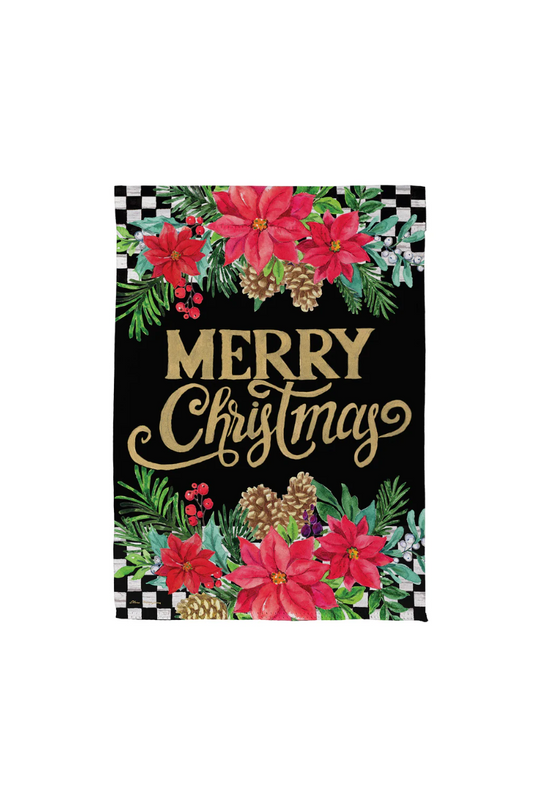Black Floral Checkered Merry Christmas Suede Garden Flag