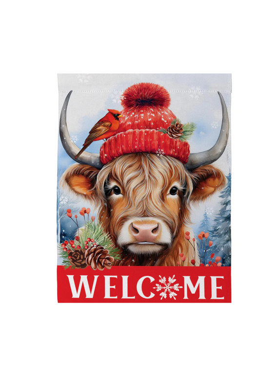 Gray Bundled Up Highland Cow Suede Garden Flag