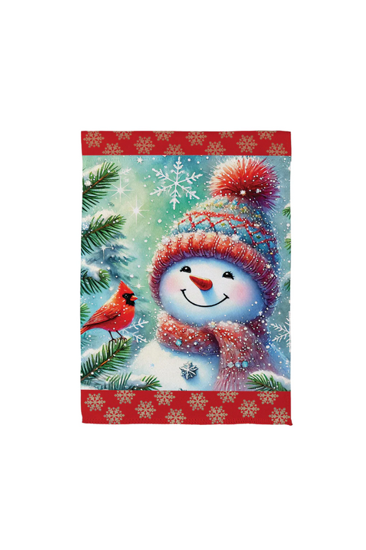 Dark Gray Snowman With Cardinal Friend Suede Garden Flag